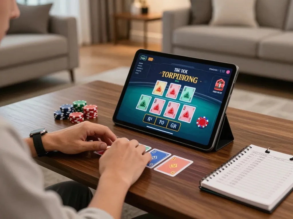 spinadvisor shows a player engaging in high-stakes blackjack on a tablet in an elegant home setting