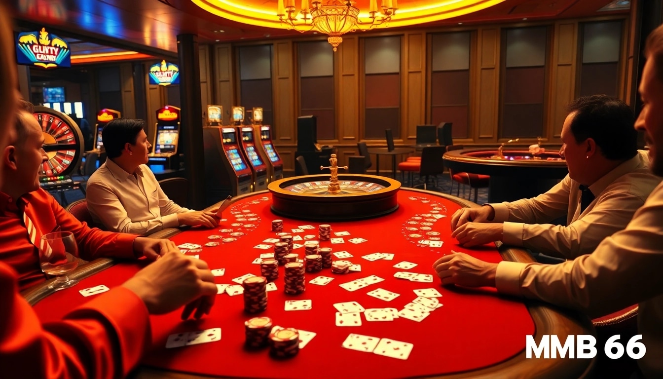 Engaged players at the MB 66 poker table showcasing thrilling gameplay and luxurious poker chips.