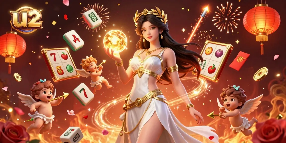 Play exciting U2 casino slot games surrounded by vibrant characters and festive elements.