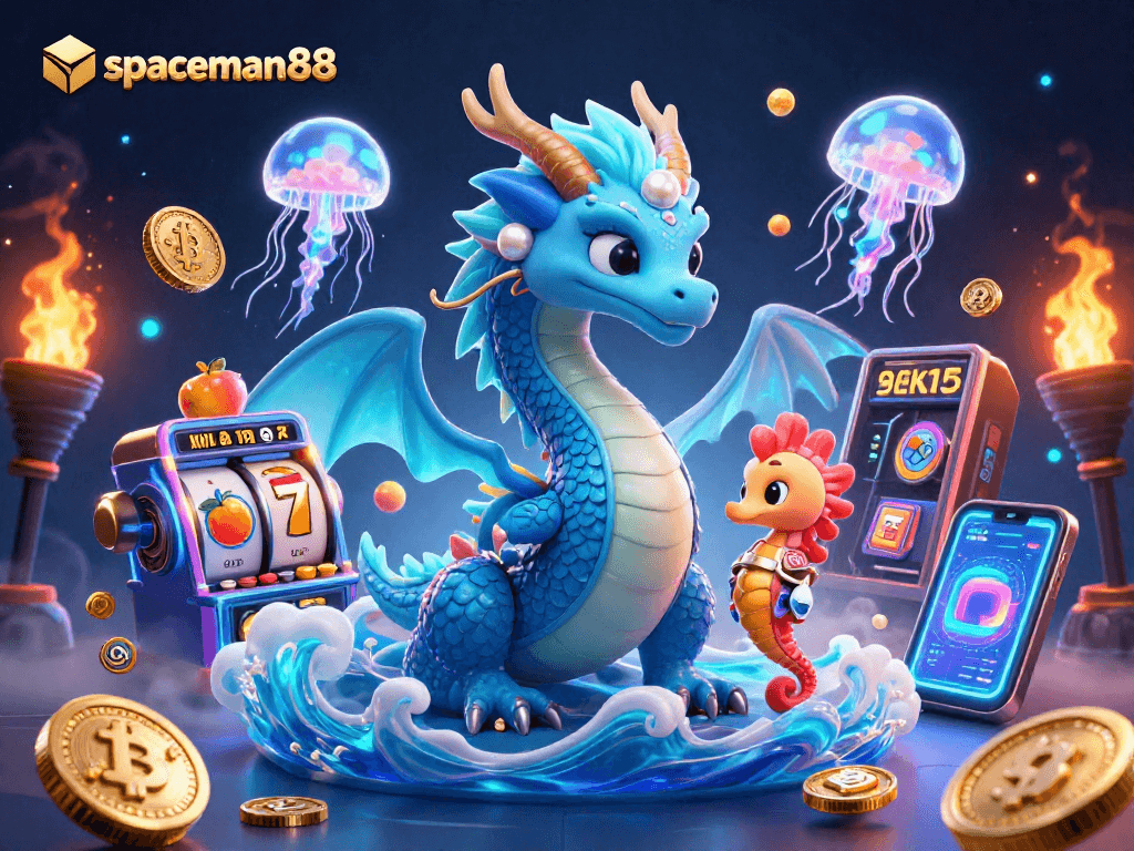 Engage with spaceman88 in this thrilling 3D slot gaming scene featuring vibrant characters and neon effects.