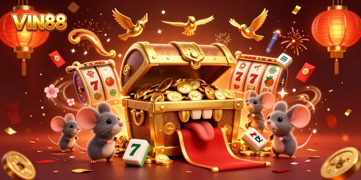 Engage with the vibrant world of VIN88 and explore thrilling slot games framed within a rich 3D illustration.
