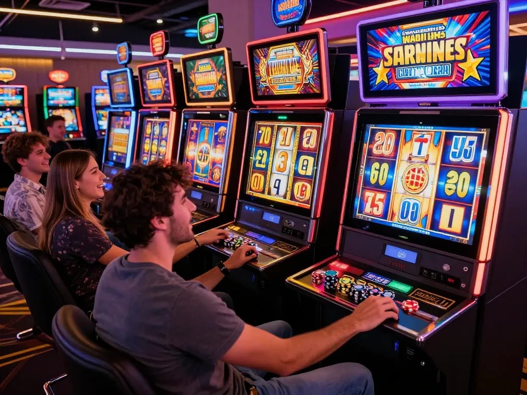 Friends enjoying the thrill of link slot gaming in a vibrant casino atmosphere, colorful machines glowing.