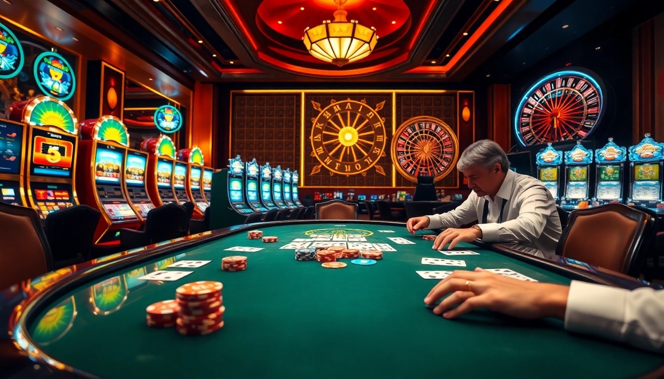 Intense poker play at LC88 casino with colorful chips and cards on a glossy table.