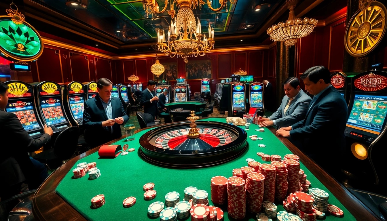 Experience the excitement of RR88 in a luxurious casino setting with roulette, chips, and vibrant slot machines.