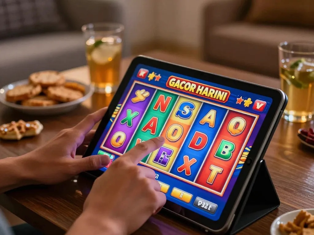 Playing slot gacor hari ini on a tablet in a cozy home with vibrant reels spinning.