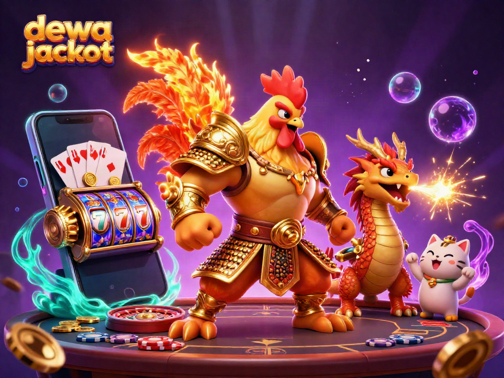 Permainan slot dewa jackpot dengan petarung ayam dan naga, memancarkan koin emas.