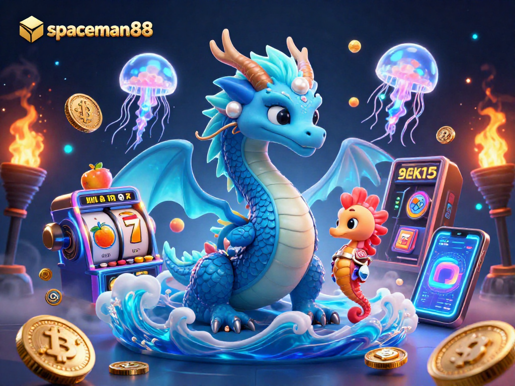 Engage with spaceman88 in this thrilling 3D slot gaming scene featuring vibrant characters and neon effects.