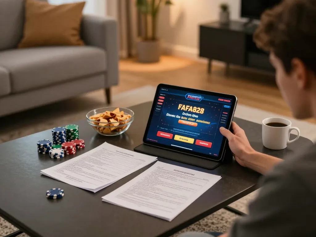 Player engaging with FAFA828 online casino on tablet, conveying modern online gaming atmosphere