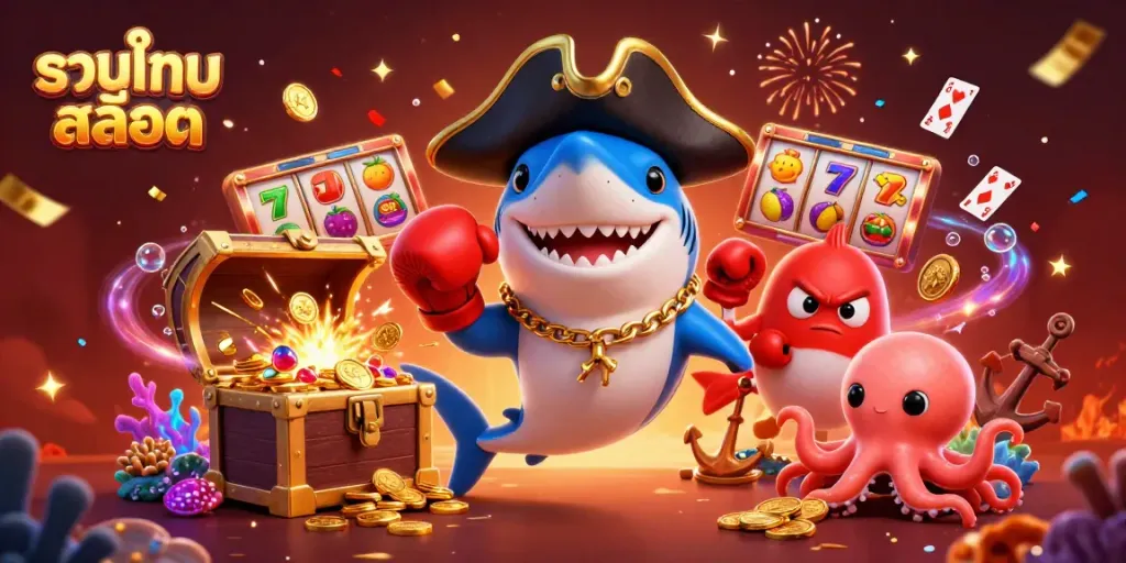 Experience the excitement of รวมเกมสล็อต with a vibrant 3D illustration featuring charming characters and dynamic gaming elements.