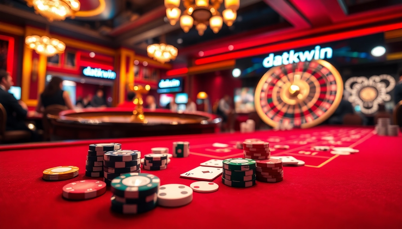 Rasakan pengalaman permainan yang mendebarkan di datukwin, menampilkan chip poker, kartu, dan roda roulette.