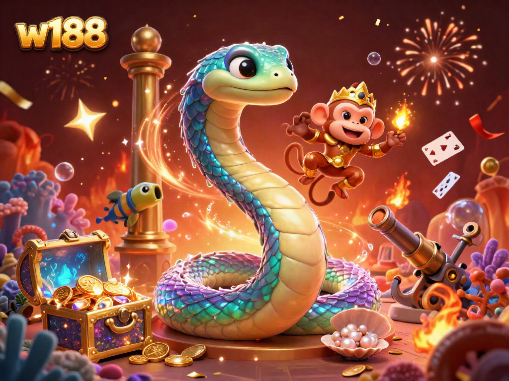 Experience the excitement of w188 with a dynamic illustration of colorful characters and casino elements.