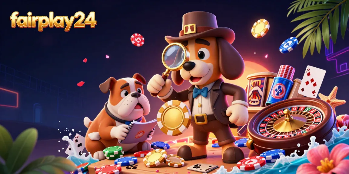 Engage with fairplay24 through a detective-themed illustration featuring casino elements and vibrant colors.