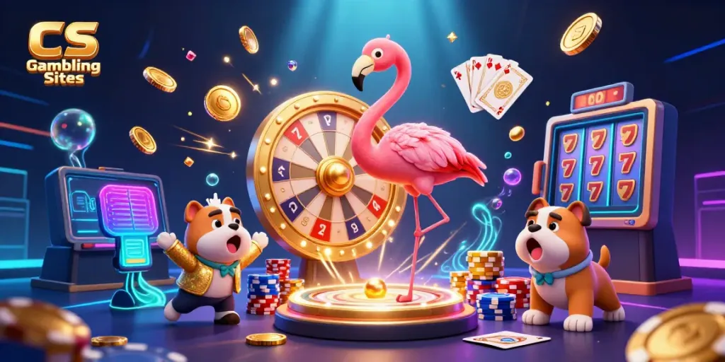 Engaging scene showcasing CS Gambling Sites with a flamingo game host, bulldog contestant, and prizes galore.