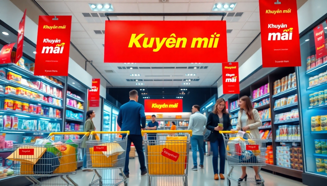 Khuyến mãi promotional scene in a modern retail store with vibrant discount tags and happy customers.