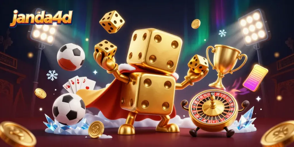 janda4d menggambarkan golem dadu emas besar dalam aksi permainan yang dinamis.