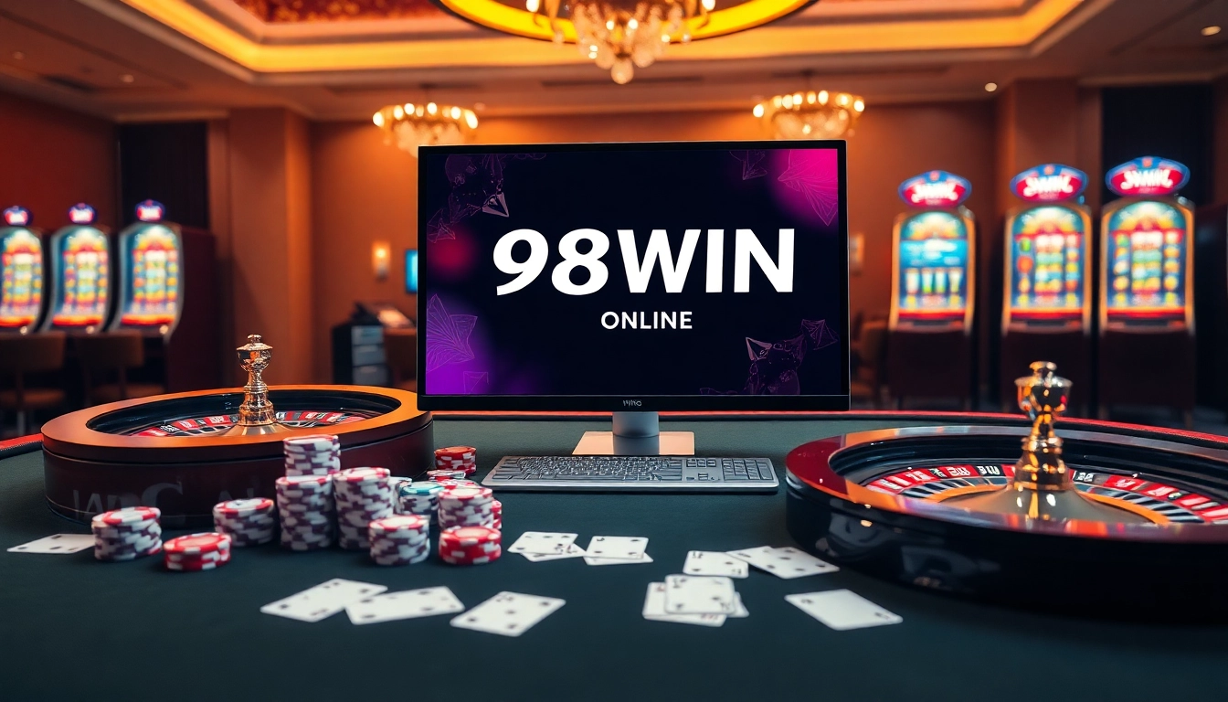 Experience thrilling gameplay at 98win com with vibrant casino elements like poker chips and roulette.