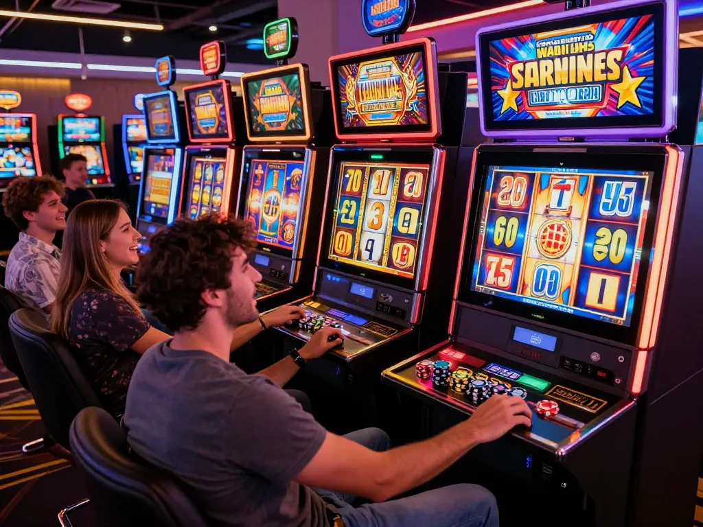 Friends enjoying the thrill of link slot gaming in a vibrant casino atmosphere, colorful machines glowing.