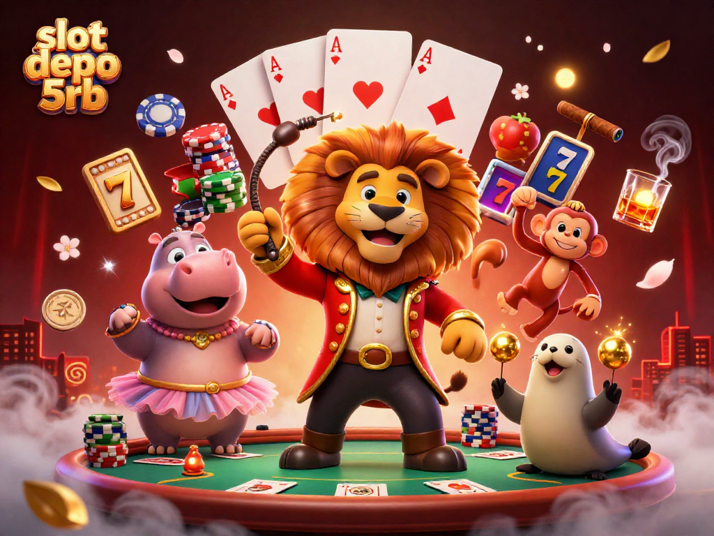 Win big at slot depo 5rb with a lively casino scene featuring a lion ringmaster and casino elements.