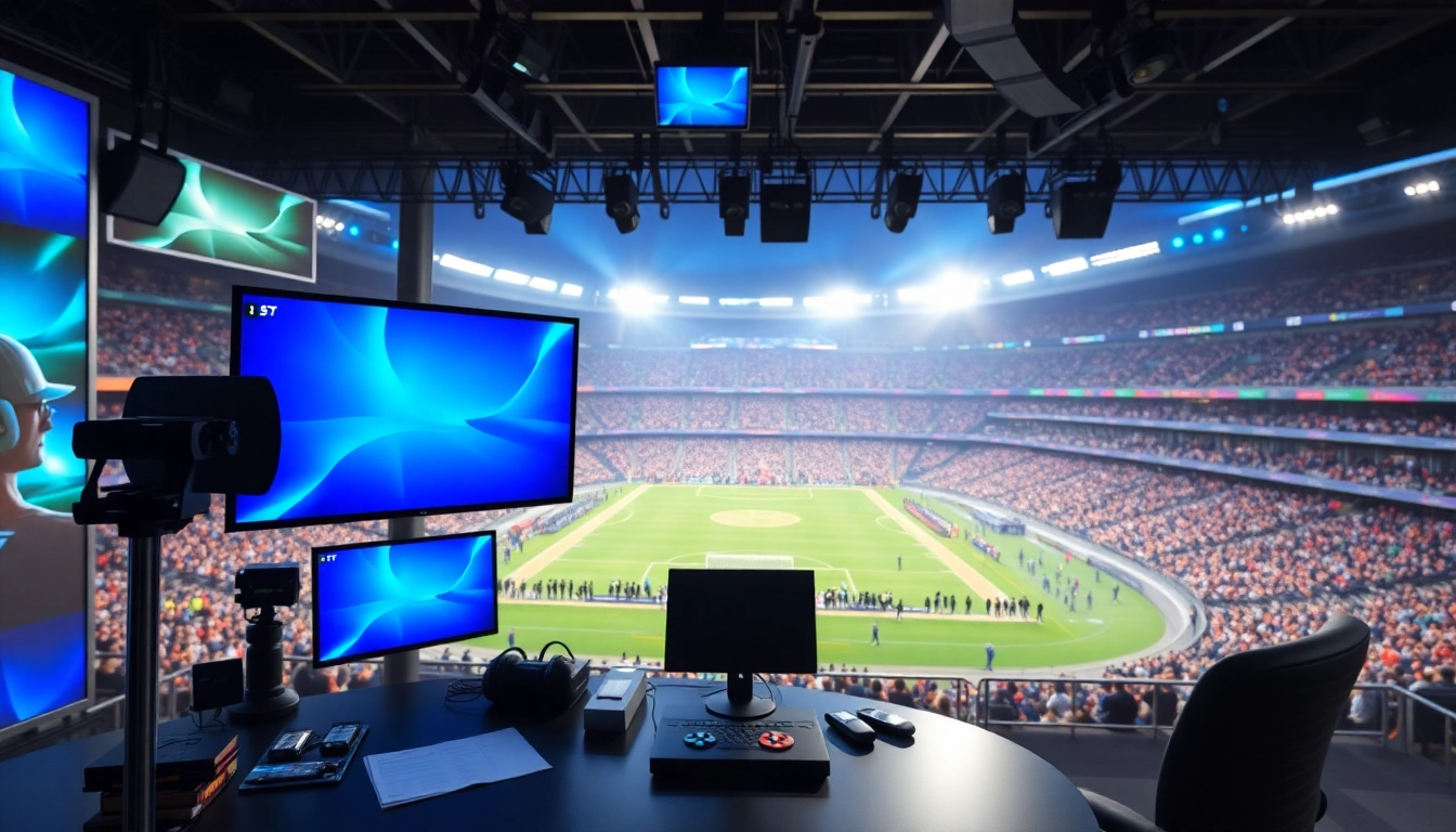 Engaging sports broadcasting scene with bright studio setup and dynamic stadium backdrop.