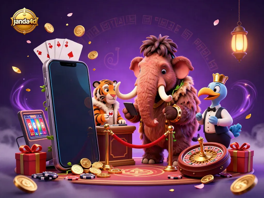 Ilustrasi 3D janda4d dengan raksasa mamut, macan sabertooth, dan burung dodo di kasino.