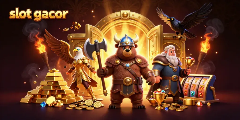 Experience thrilling wins with slot gacor amidst a dynamic 3D casino battle scene.