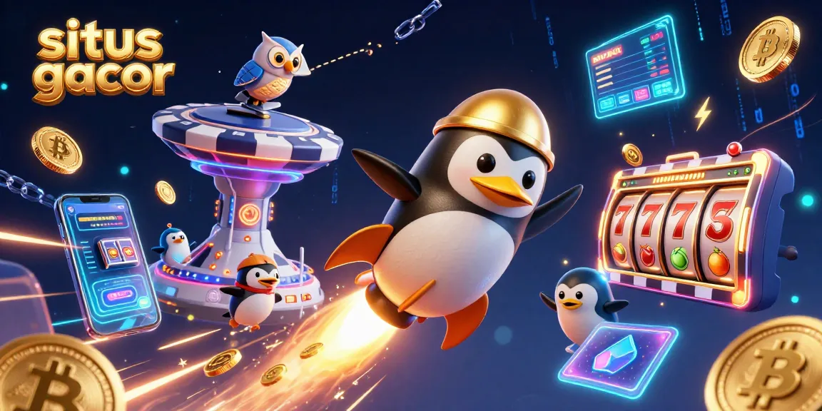 Experience situs gacor with a golden penguin and vibrant slot elements in an engaging casino illustration.