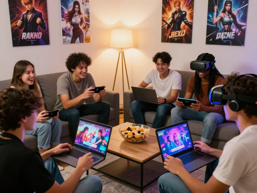 Friends enjoying sex games together in a cozy living room, with colorful visuals on devices.