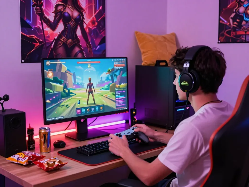 Player enjoying an engaging porngame in a vibrant gaming setup with LED lights and immersive visuals.