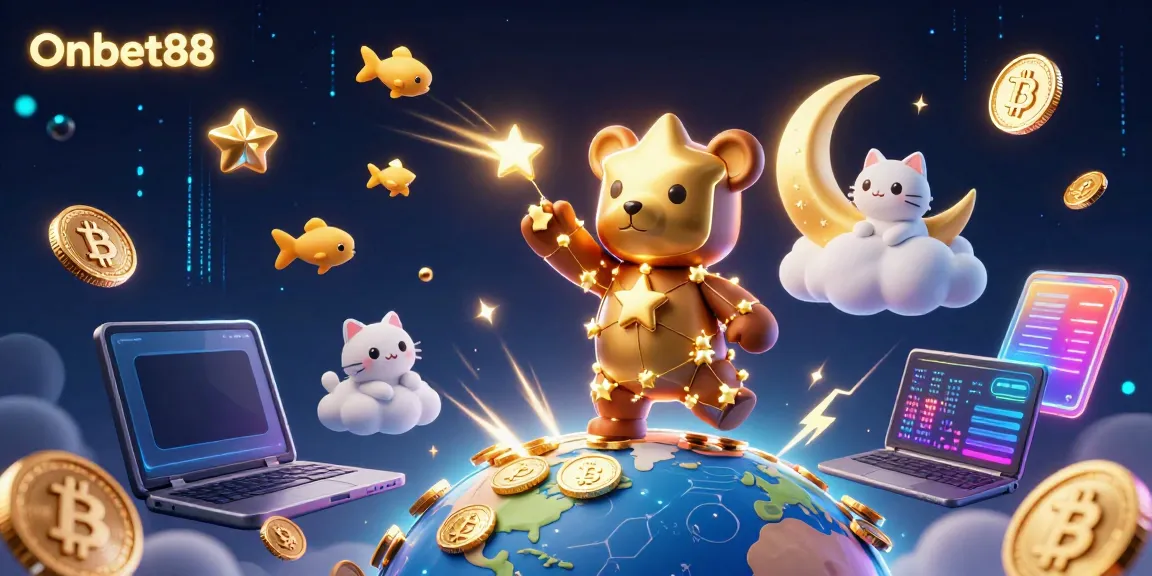 Engage with Onbet88 through an illuminated 3D scene of a constellation bear and cosmic elements, celebrating cryptocurrency.