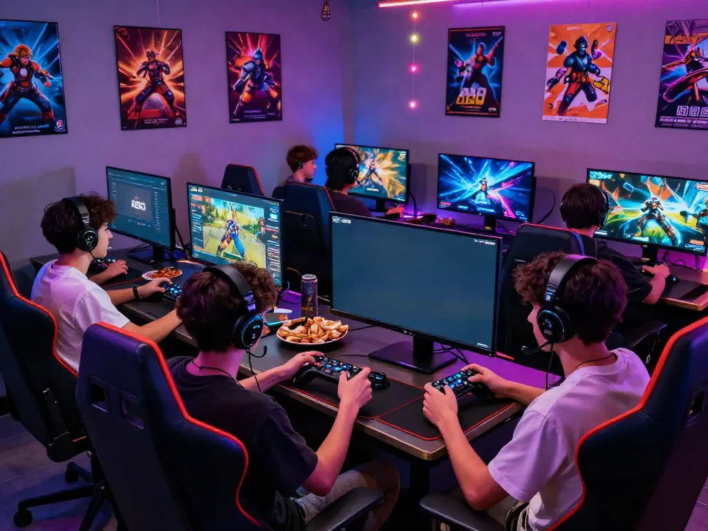 A80 gaming lounge where friends enjoy various games in a vibrant setting.