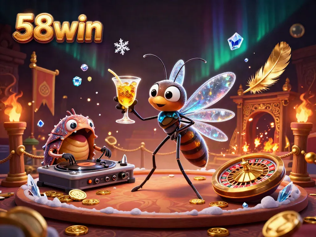Experience the excitement of 58win with a dazzling 3D casino scene featuring unique characters and gaming elements.