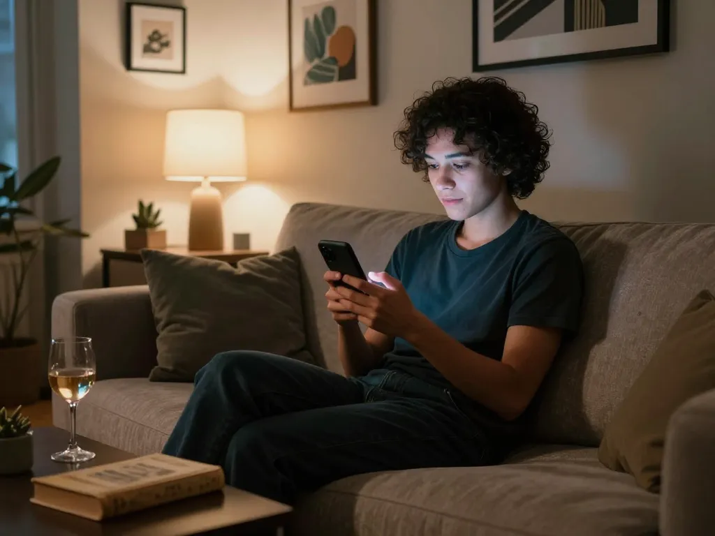 Engaging NSFW chat scene in a cozy urban apartment with warm lighting.