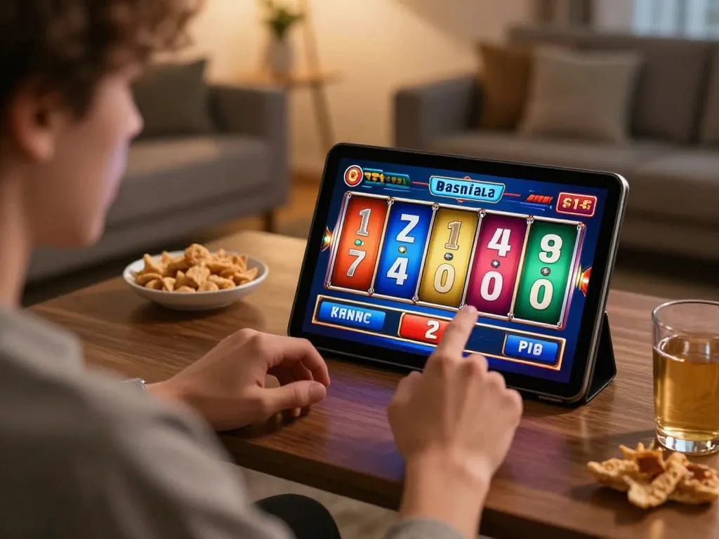 Pemain berinteraksi dengan permainan mesin slot yang cerah di tablet dalam suasana rumah yang nyaman.
