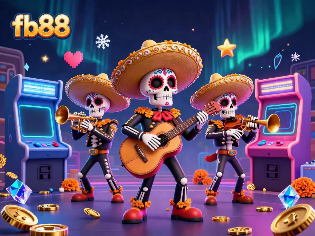 Experience the vibrant ambiance of fb88 with a digital mariachi band amidst dazzling casino symbols.