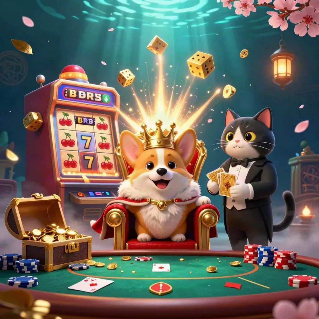 Royal corgi king and cat butler amid casino treasure, glowing slot burst and poker table