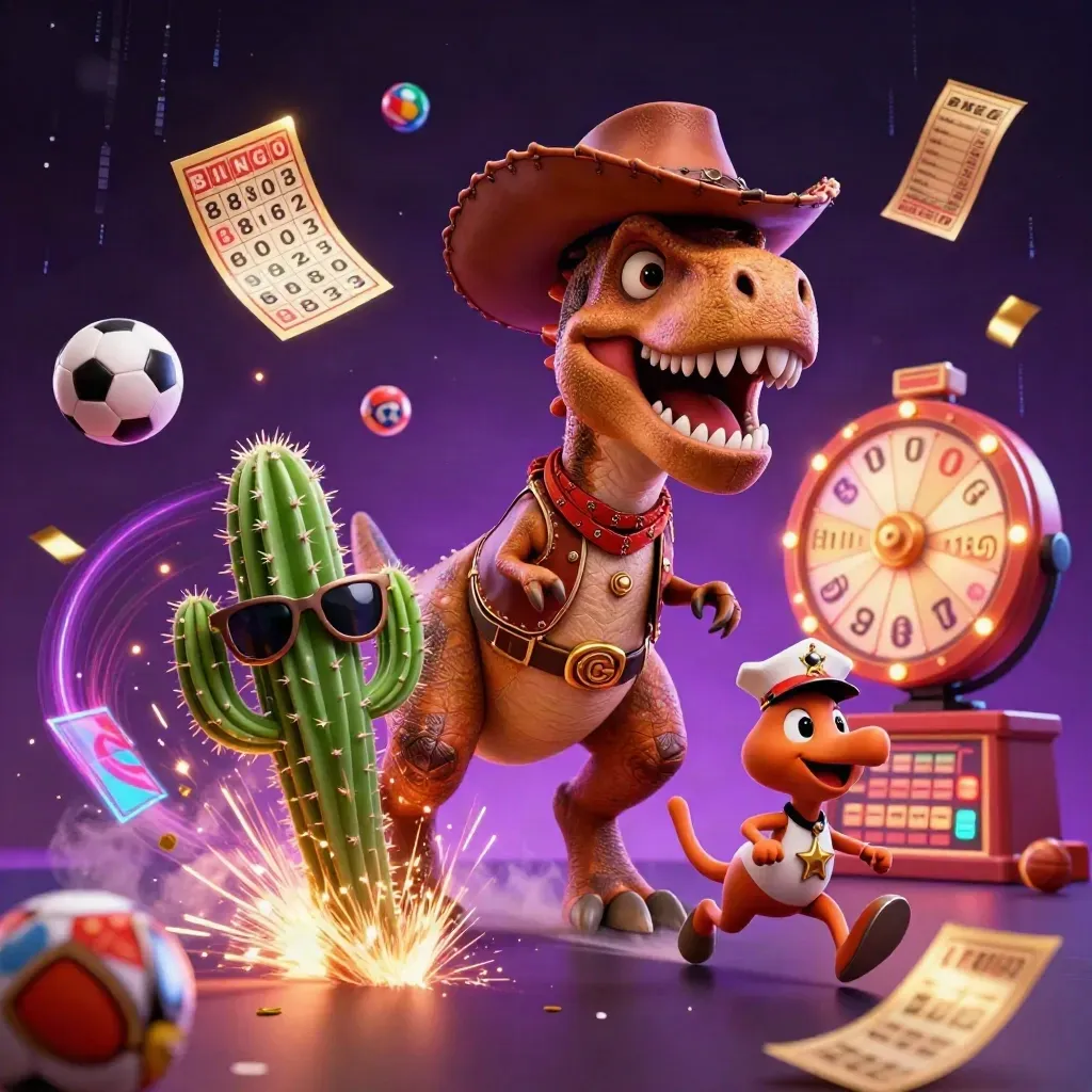 3D cowboy T-Rex, cactus, and roadrunner amid casino balls, wheel, tickets, neon sparks