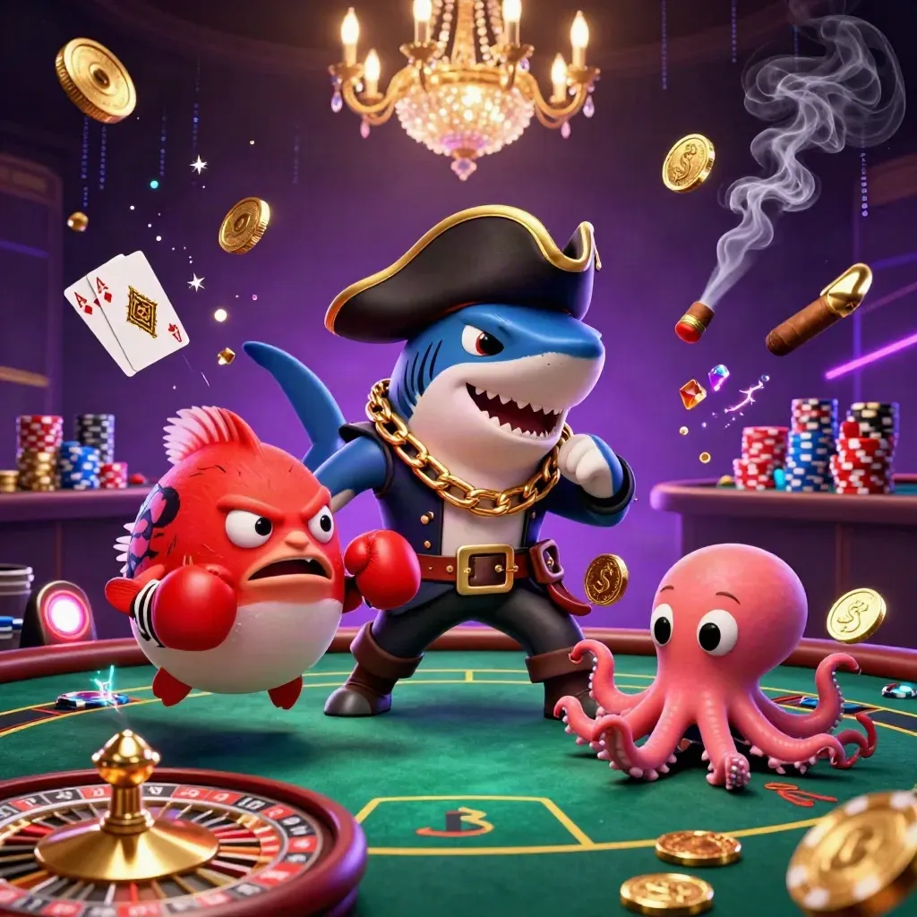 Pirate shark, boxing pufferfish, and coin-juggling octopus in a luxe casino burst.
