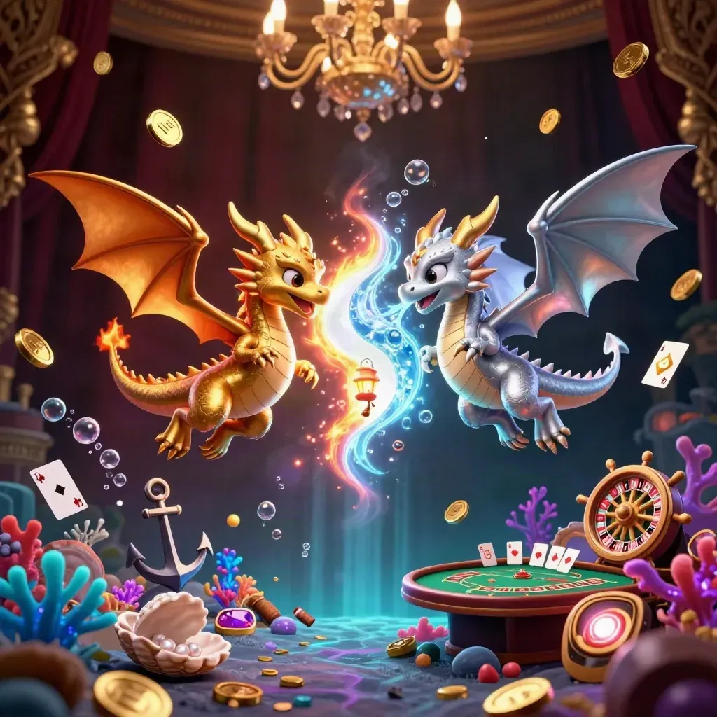 Twin gold and silver dragons spiral over a treasure cove with casino lights and a lantern spirit