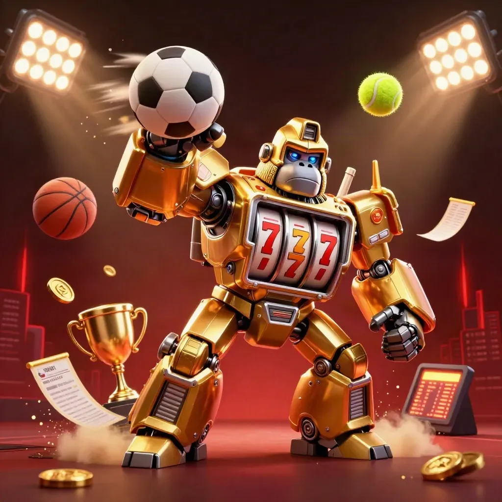 Golden gorilla slot mech with monkey pilot, flying balls, coins, trophy, dark casino arena glow