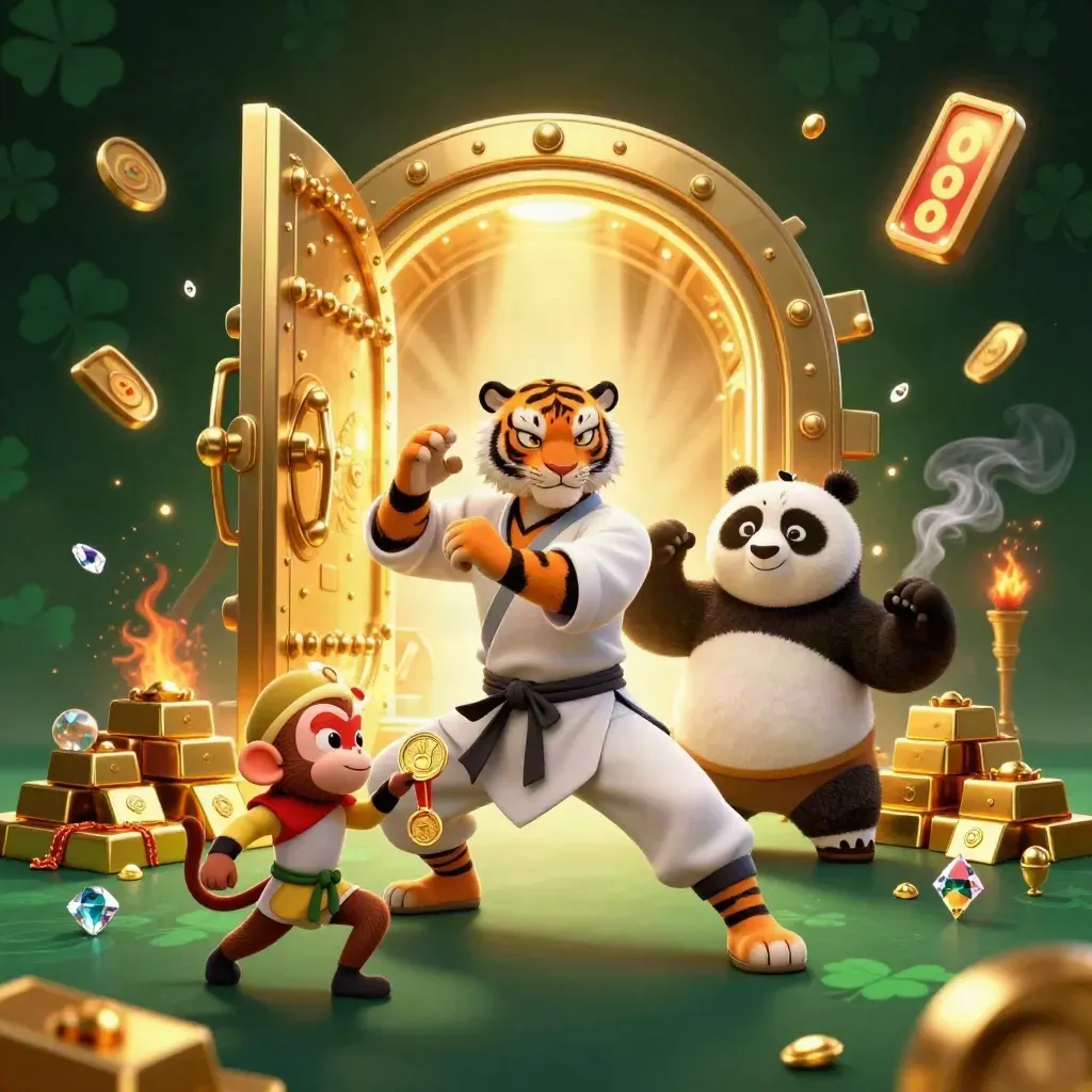 Tiger master, panda disciple, and monkey thief amid a gold vault burst in an emerald casino scene.