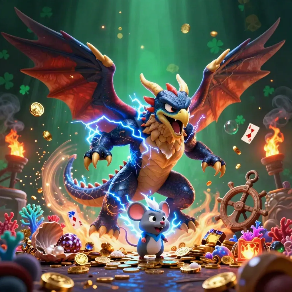 Thunder dragon, wind hawk, and static mouse in a treasure cove amid coins and lightning.