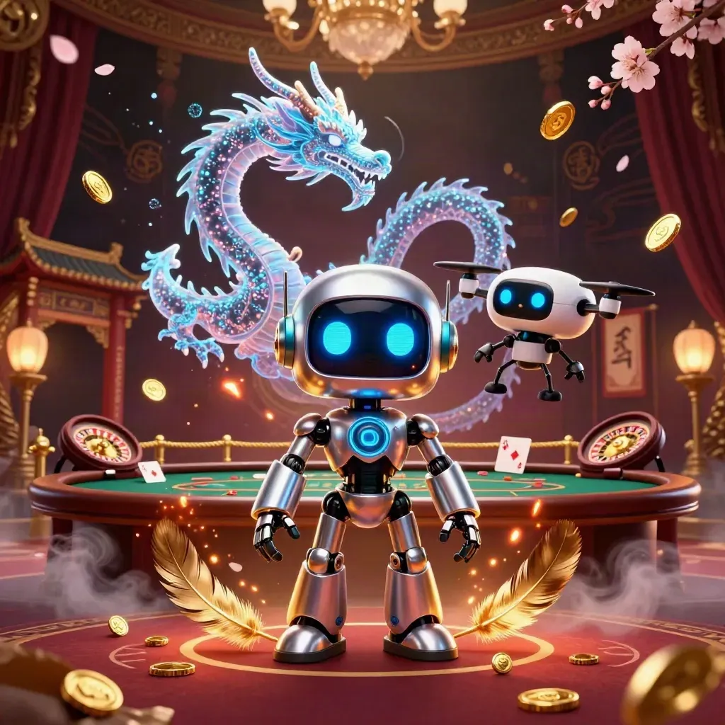 Cyberpunk robot, holographic dragon, and drone in a luxe poker arena with gold effects