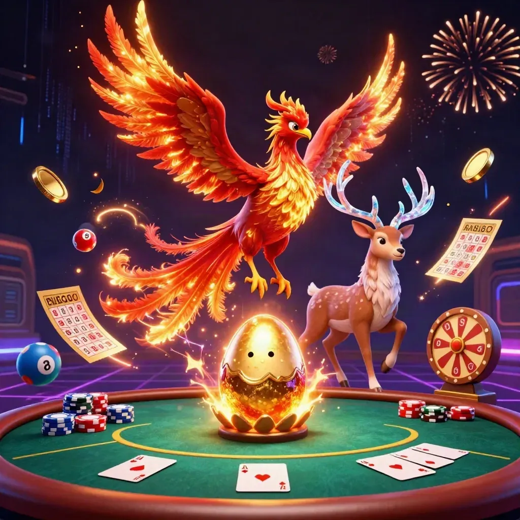 Fire phoenix, stag, baby phoenix, poker table, chips, coins, and casino effects on a dark neon backdrop