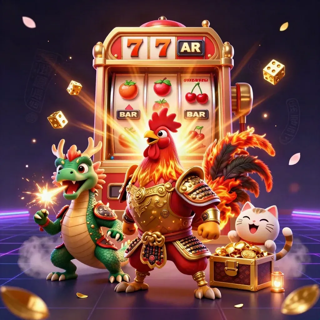 Rooster warrior, dragon hatchling, and fortune-cat amid exploding jackpot game props.