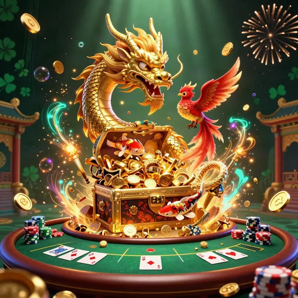 Golden dragon with phoenix, koi, poker chips, and treasure bursting in neon casino light.