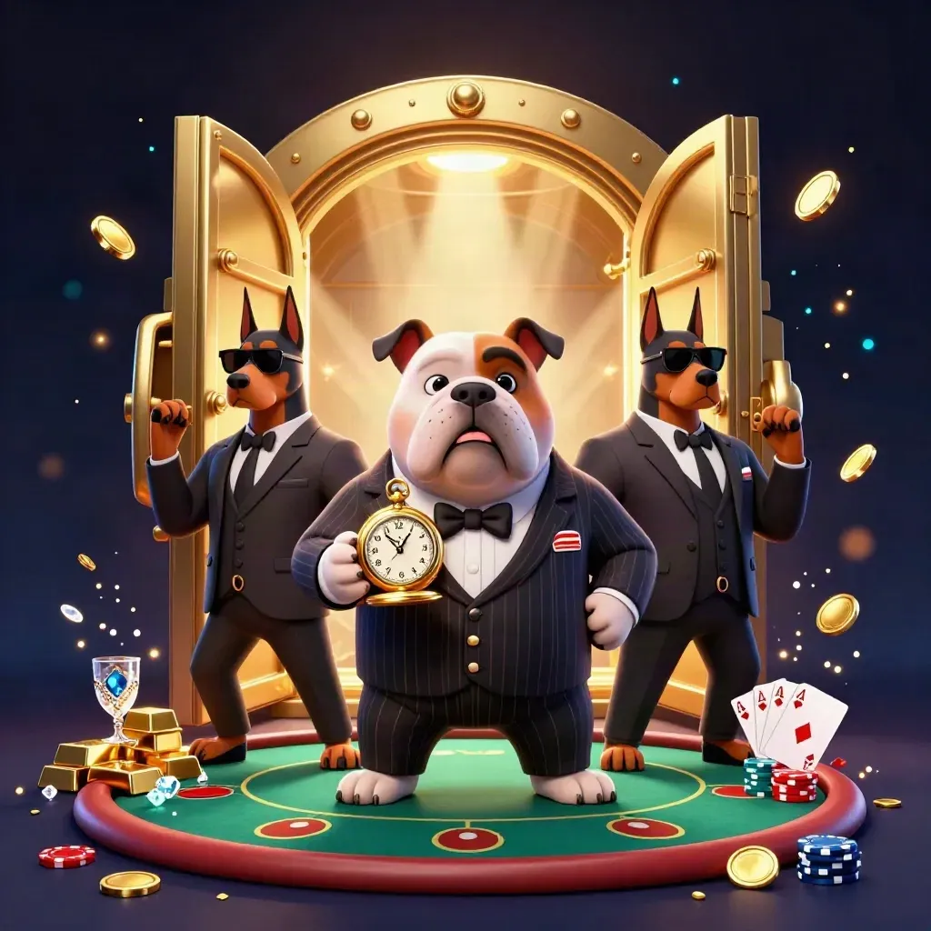 Bulldog mob boss with Doberman guards amid vault gold, poker chips, and casino glow.