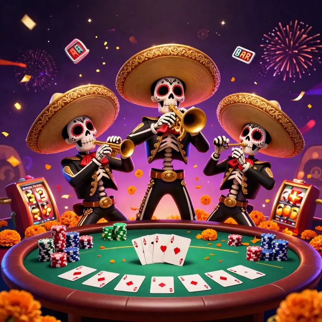 Skeleton mariachi trio amid poker chips, cards, fireworks, and magical casino energy