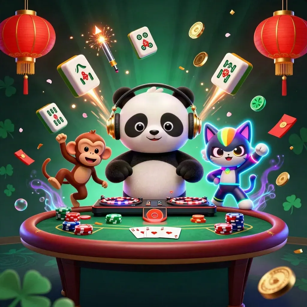 DJ panda, dancing monkey, and glow-stick kitten amid poker loot and casino fireworks