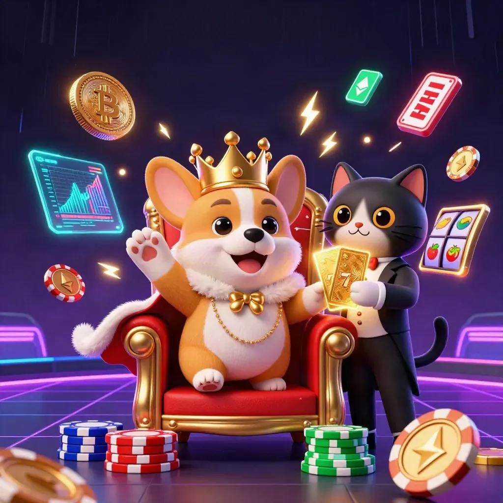 Royal corgi king on chip throne with cat butler, neon crypto poker effects swirling around.