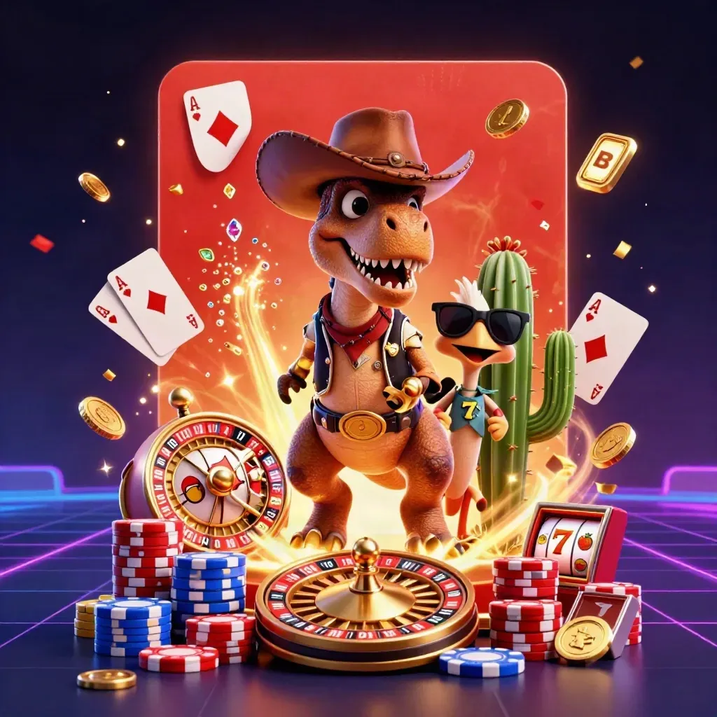 Cowboy T-Rex trio blasting poker chips, coins and casino effects in a neon western arena.
